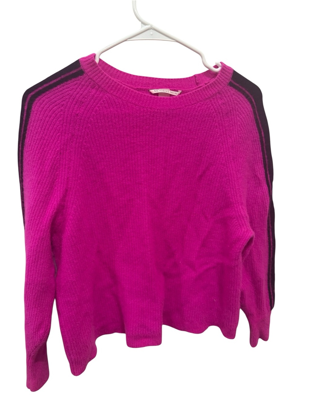 Victoria's Secret Bright Fuchsia Crewneck Sweater with Black Shoulder Stripes